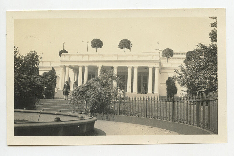 UNIDENTIFIED STATELY BUILDING W/ FOUNTAIN, FENCE + ROUND TREES VINT PHOTO