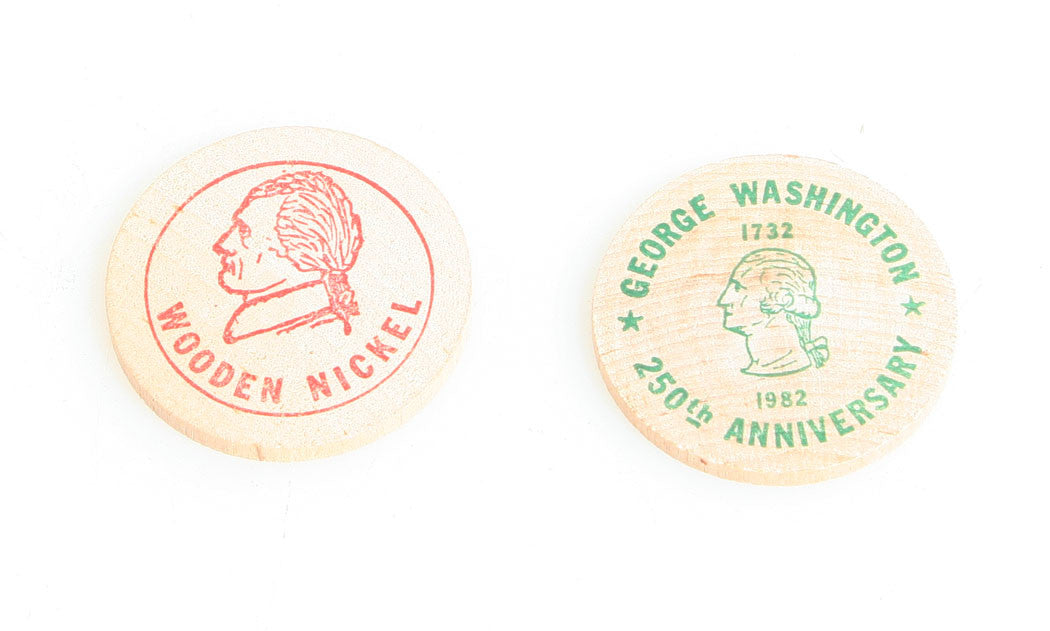 VINTAGE WOODEN NICKEL SOUTH HILLS COIN CLUB 1980 AND 1982 SET OF 2