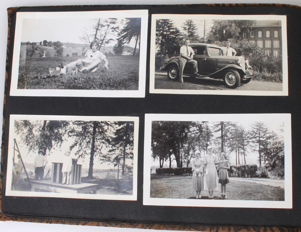 VINTAGE CAR PHOTOS 1920-40, AMERICAN FAMILY LIFE. VINTAGE LEATHER BOUND ALBUM.