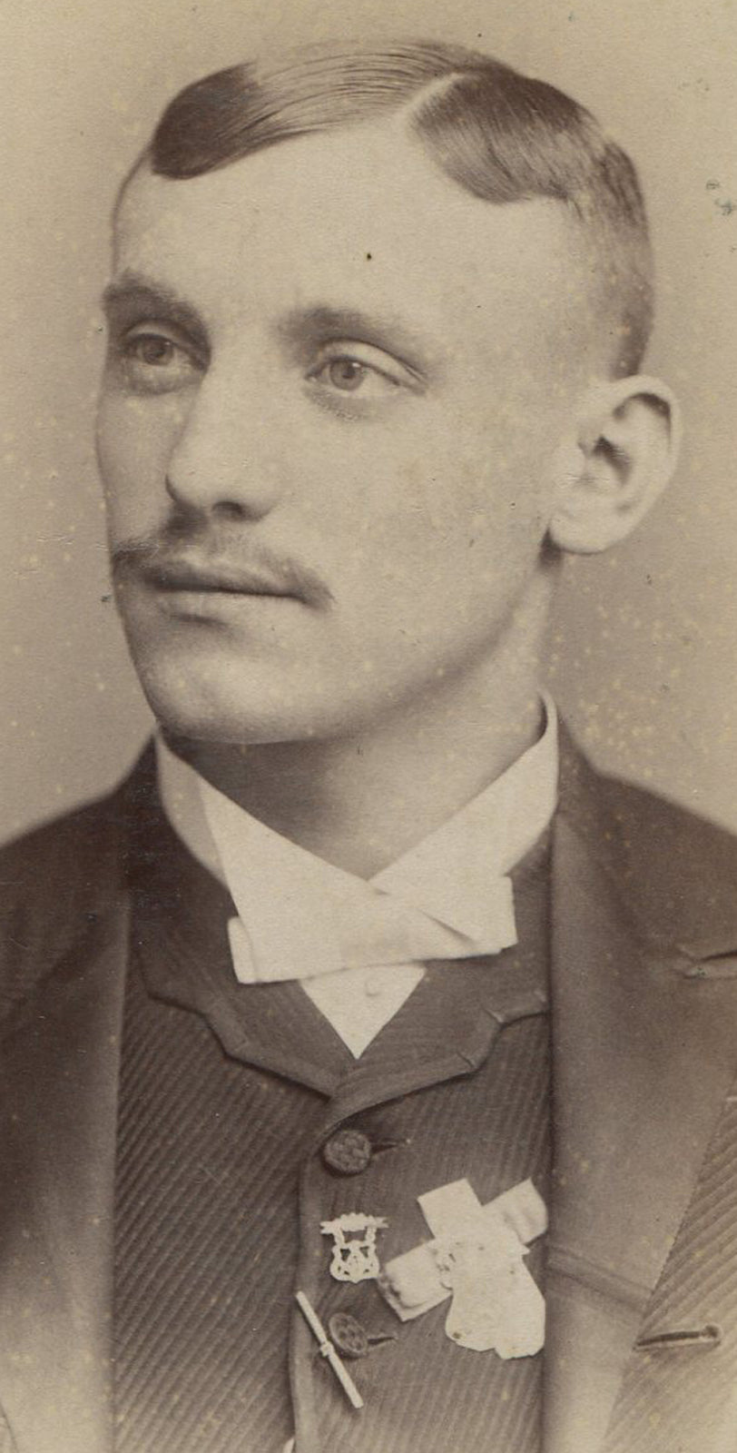 Vintage cabinet card photo Man with interesting vest pins, original old photo, collectible portrait