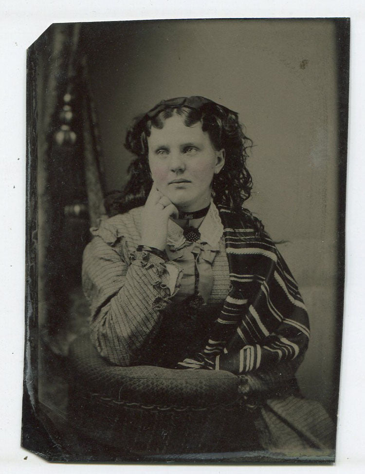 YOUNG WOMAN IN PENSIVE POSE. STRIPED SHAW ON SHOULDER. TINTED, TINTYPE.
