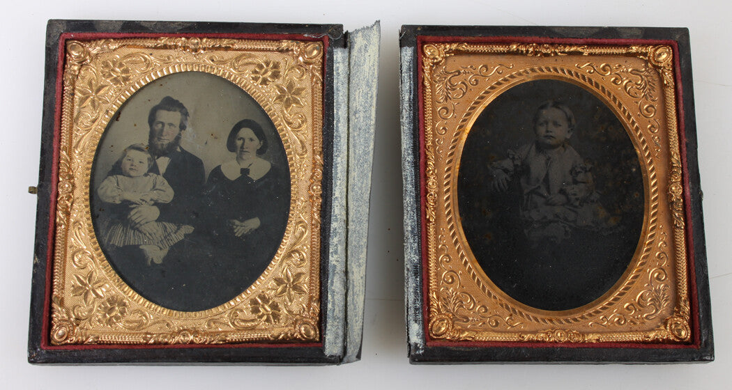 DUAL CASE, FAMILY TINTYPES. PARENTS WITH CHILD, SINGLE CHILD. 6TH PLATES.