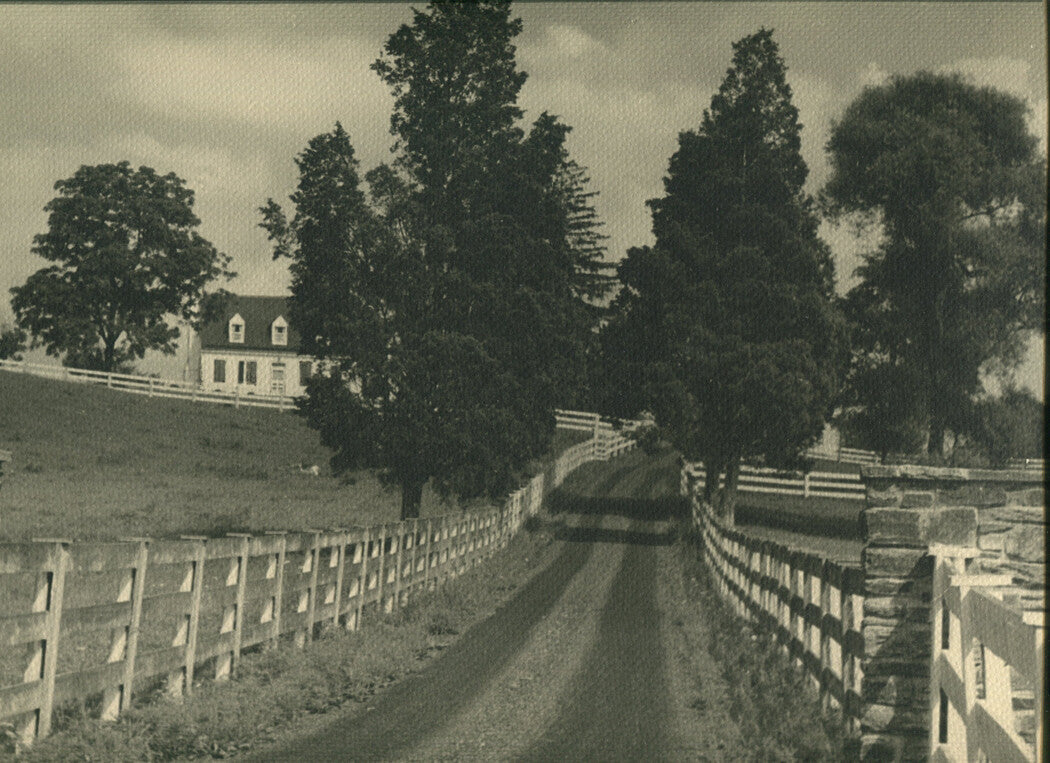 AMERICANA. HORSE FENCE LINED ROAD TO FARM HOUSE. 11 X 14 SILVER PRINT.
