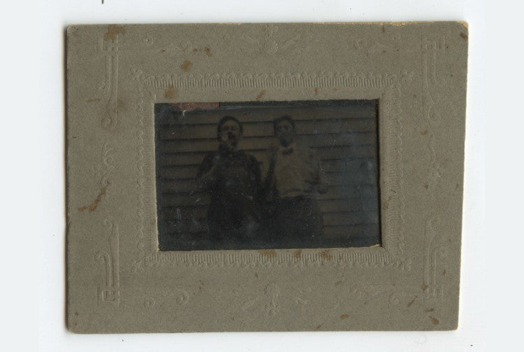 TINTYPE PHOTO 2 MEN OUTDOORS, 1/16 PLATE PERIOD MAT