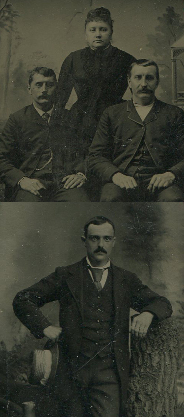 MAN W/ HAT, TWO MEN W/WOMAN. TINTYPE TWO SET IN PERIOD PAPER MATS.