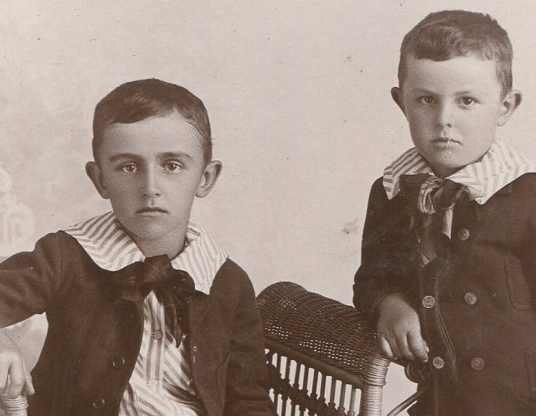 TWO YOUNG BROTHERS IN PETER PAN COLLARS. CABINET CARD. UHRICHSVILLE, OHIO.
