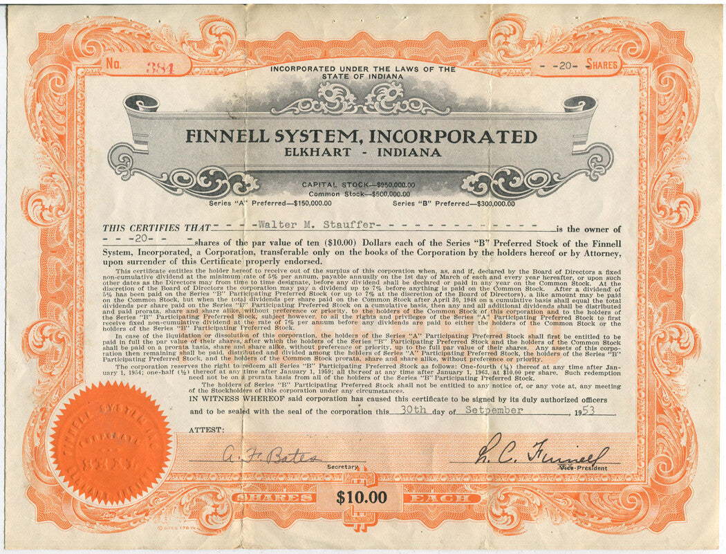 STOCK CERTIFICATE, FINNELL SYSTEM, ELKHART, INDIANA. 1953.