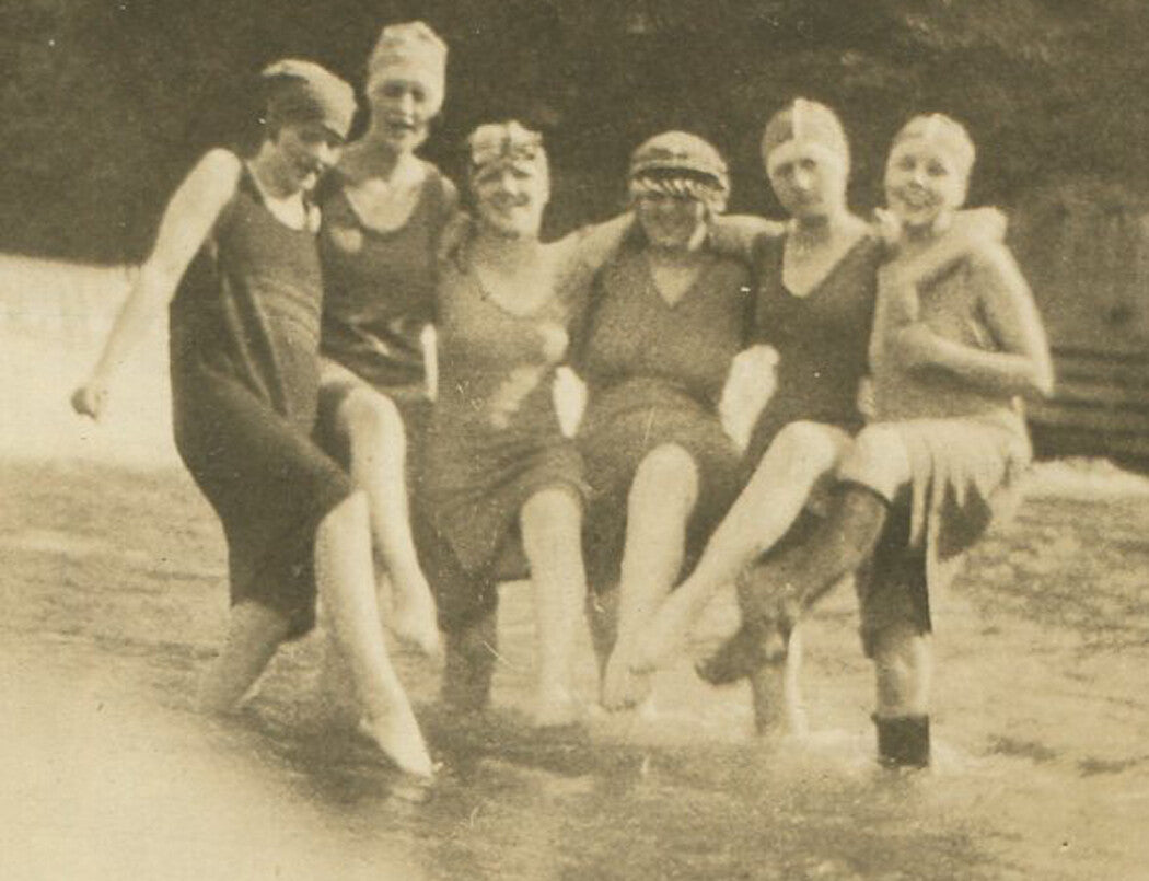 Vintage 1940s B&W Photo of Women Wading in River at Small Falls - 2-Set, 2.75 x 3.75 inches