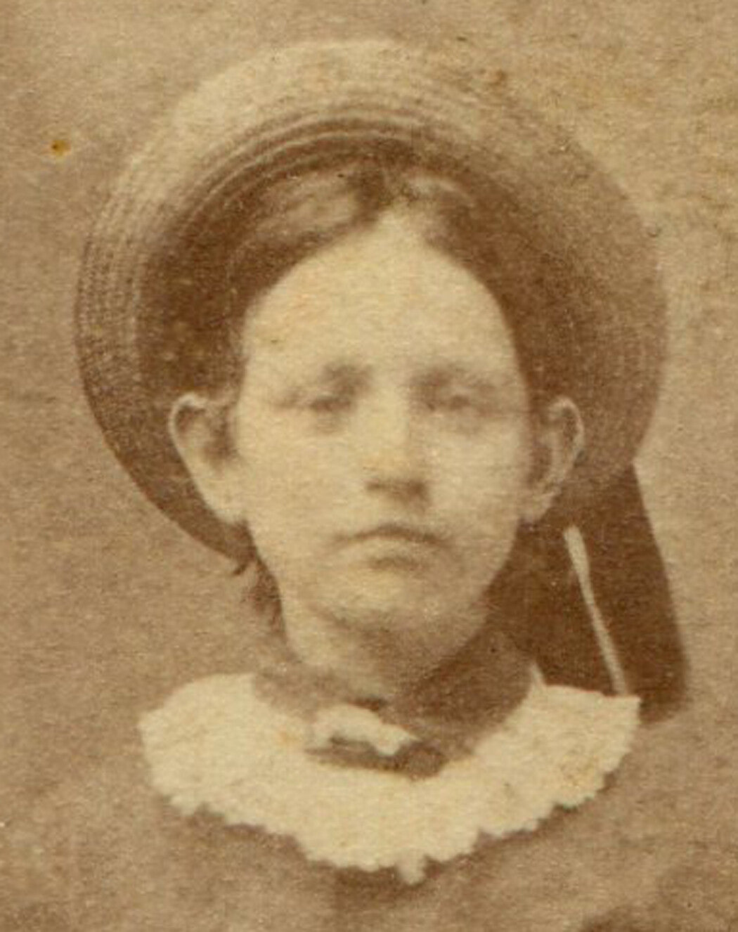 YOUNG GIRL, STANDING POSE, STRAW HAT, LACE COLLAR. CDV. SAN FRANCISCO, CA.