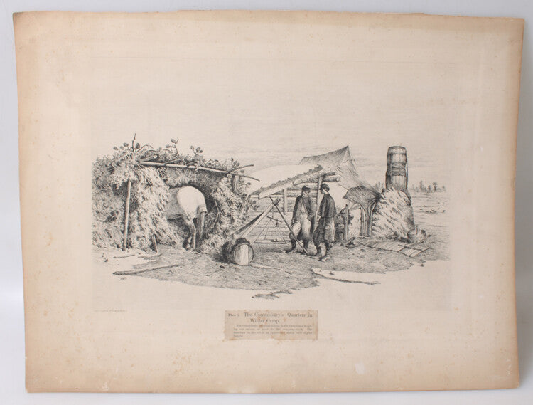 1876 16X22 ETCHING OF THE COMMISSARYS QUARTERS IN WINTER CAMP BY EDWIN FORBES