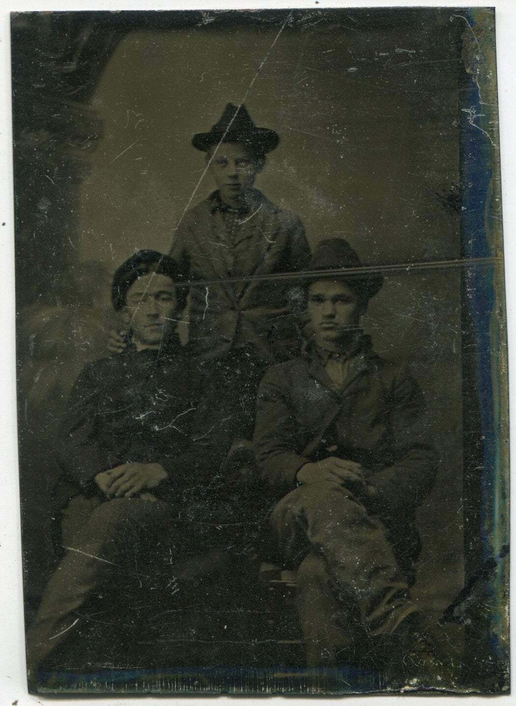 Vintage Tintype Photograph: Three Young Men in Hats Looking Tough