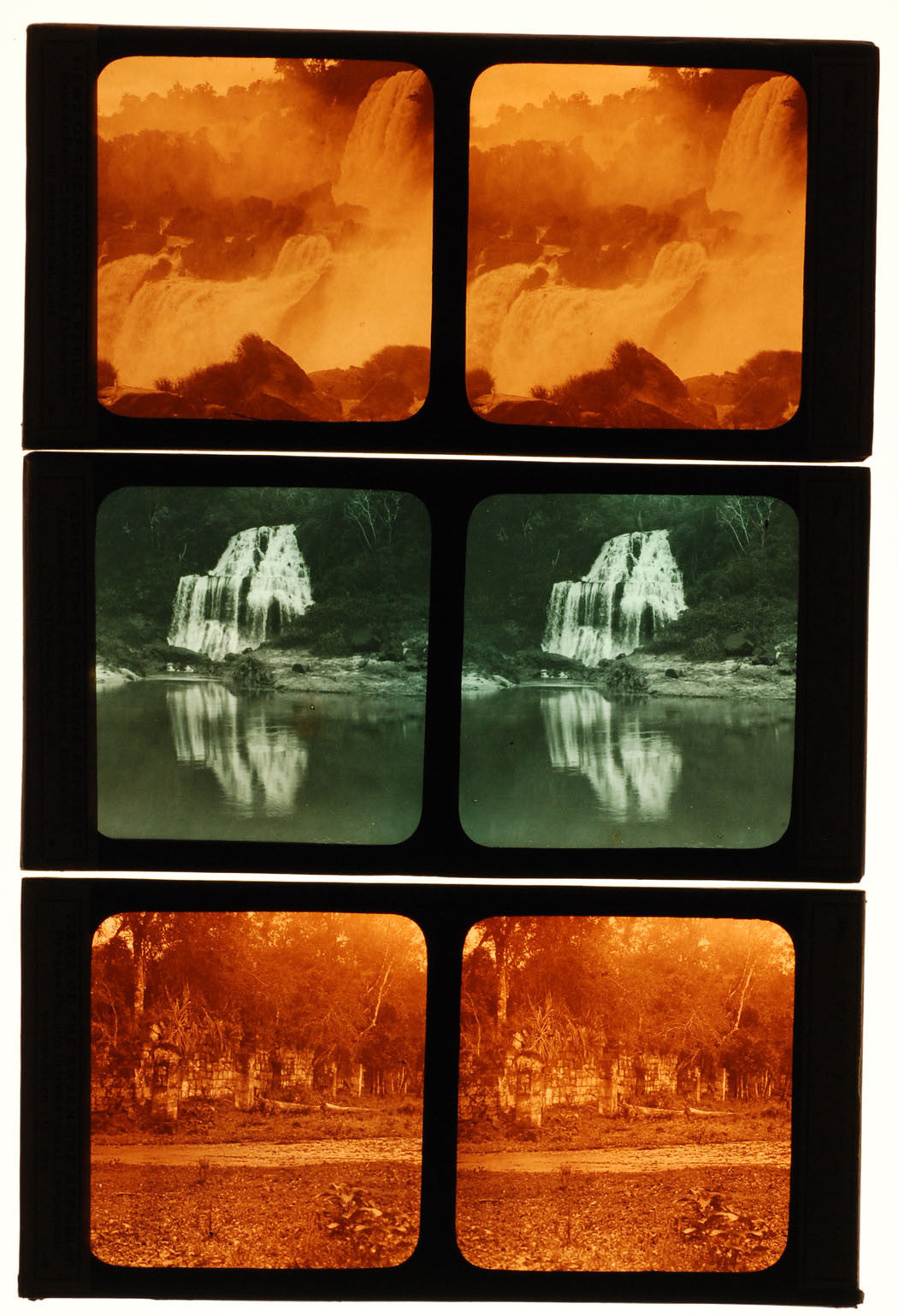 ARGENTINE VIEWS, COLOR STEREO LANTERN SLIDES. 3 SET. H 3.35 X W 6.75 INCHES.
