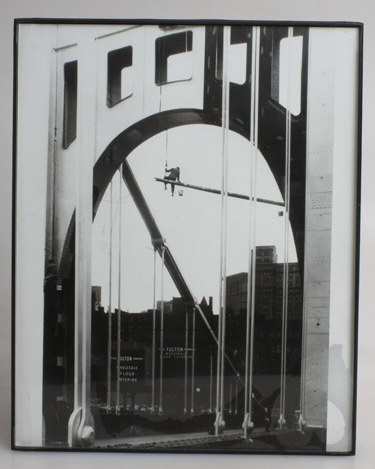 8X10 FRAMED PHOTO OF WORKER ON SCAFFOLDING ON PITTSBURGH SISTER BRIDGE