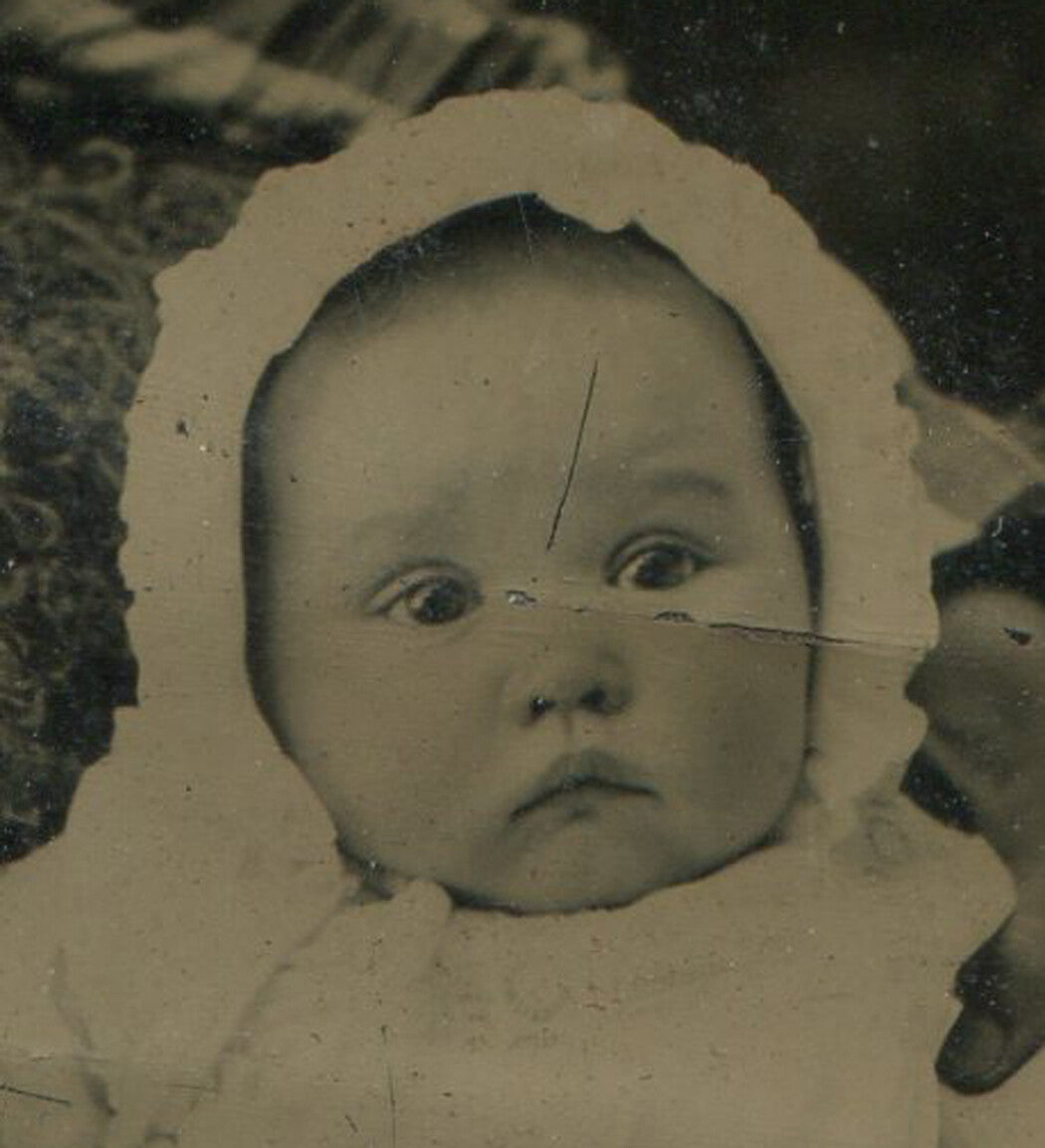 Hidden Mother Tintype Photograph Baby in Bonnet, Vintage Mother and Child
