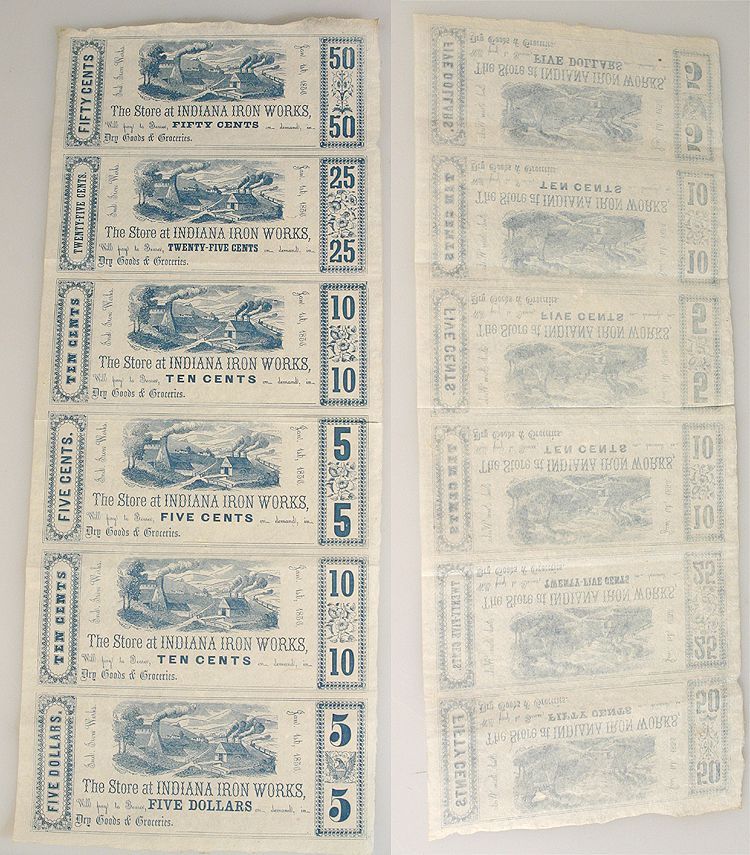 INDIANA IRON WORKS CURRENCY SCRIP, 1856 UNCUT, SHEET OF 6,5 DOLLARS,50,25,10,5