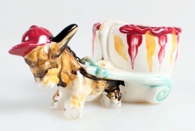 Vintage Japanese Hand Painted Donkey Planter with Cart - Cute Ceramic Figure,