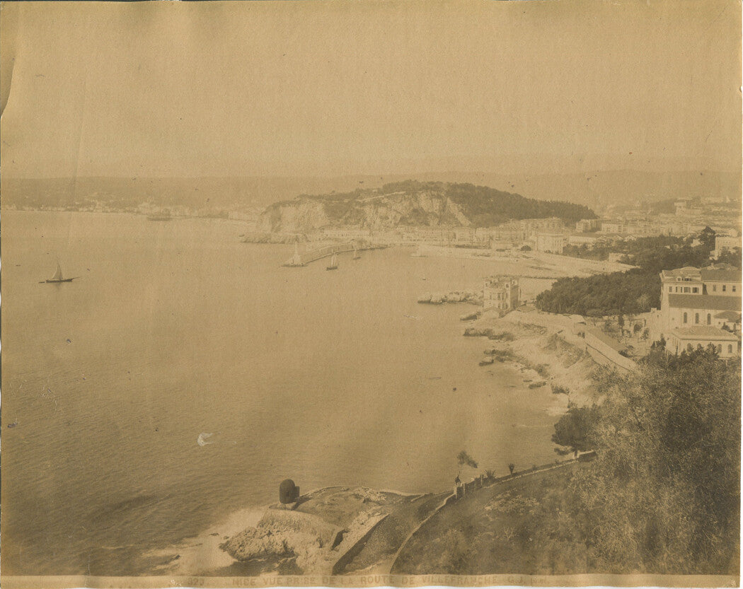 NICE, FRANCE. COASTAL VIEW WITH VILLAGE. 8.5 X 10.5 INCH ALBUMEN CIRCA 1890.