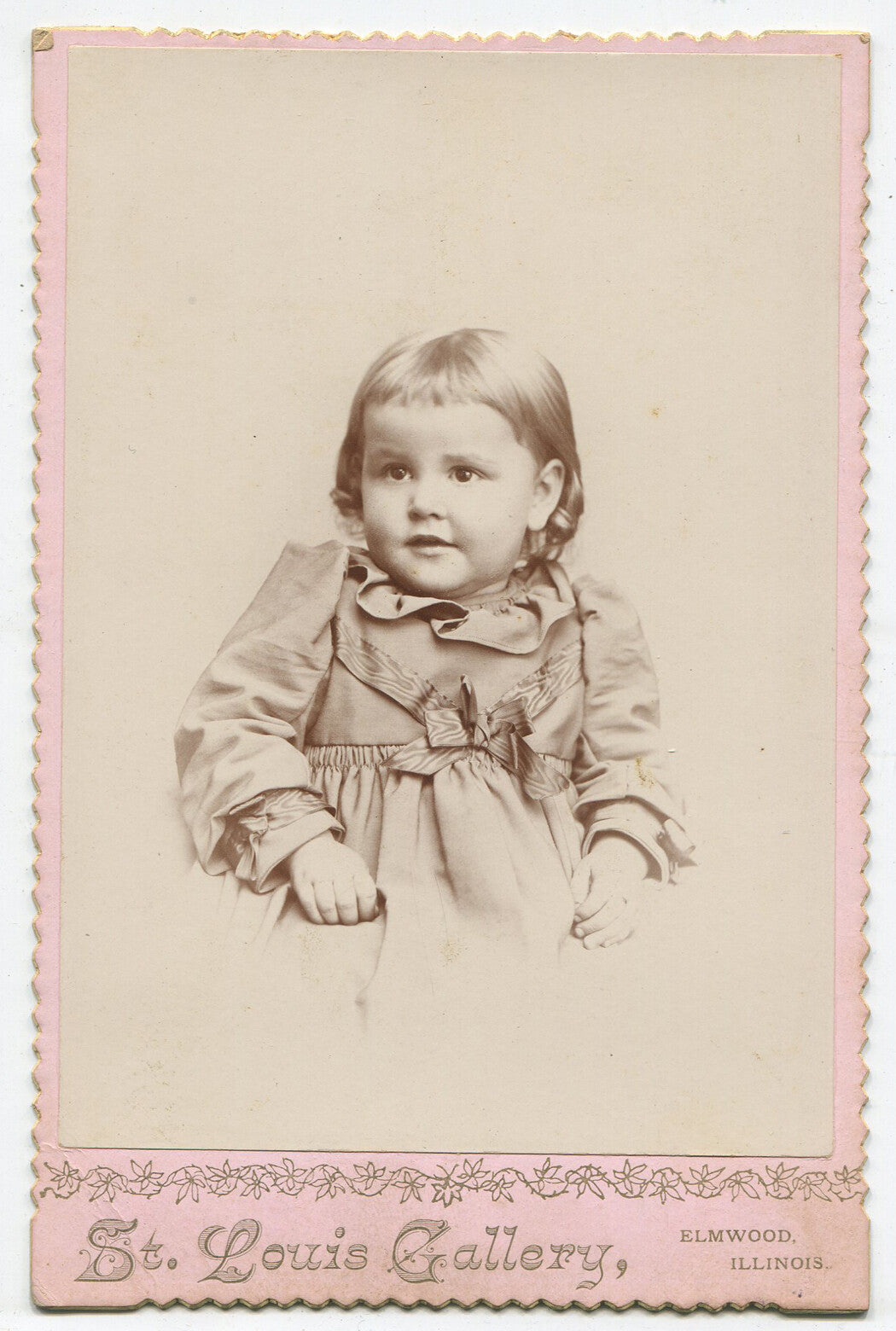Vintage cabinet card photo: chubby-cheeked little girl with shiny hair, Elmwood, Illinois