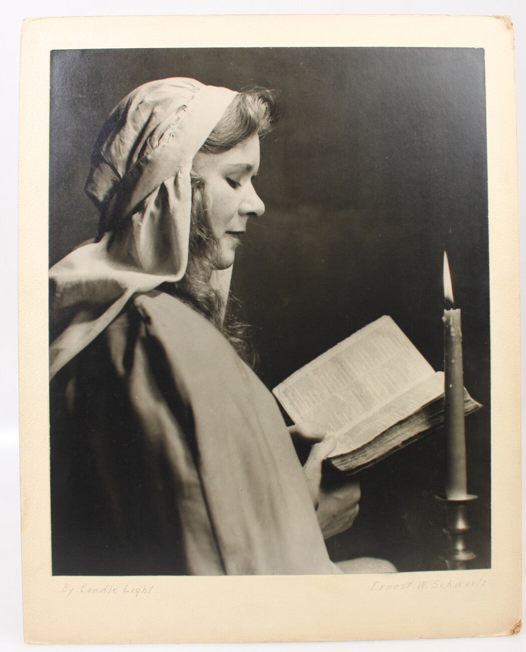 Vintage 20x16 Silver Print Woman in Bonnet Reading Bible by Candle Light