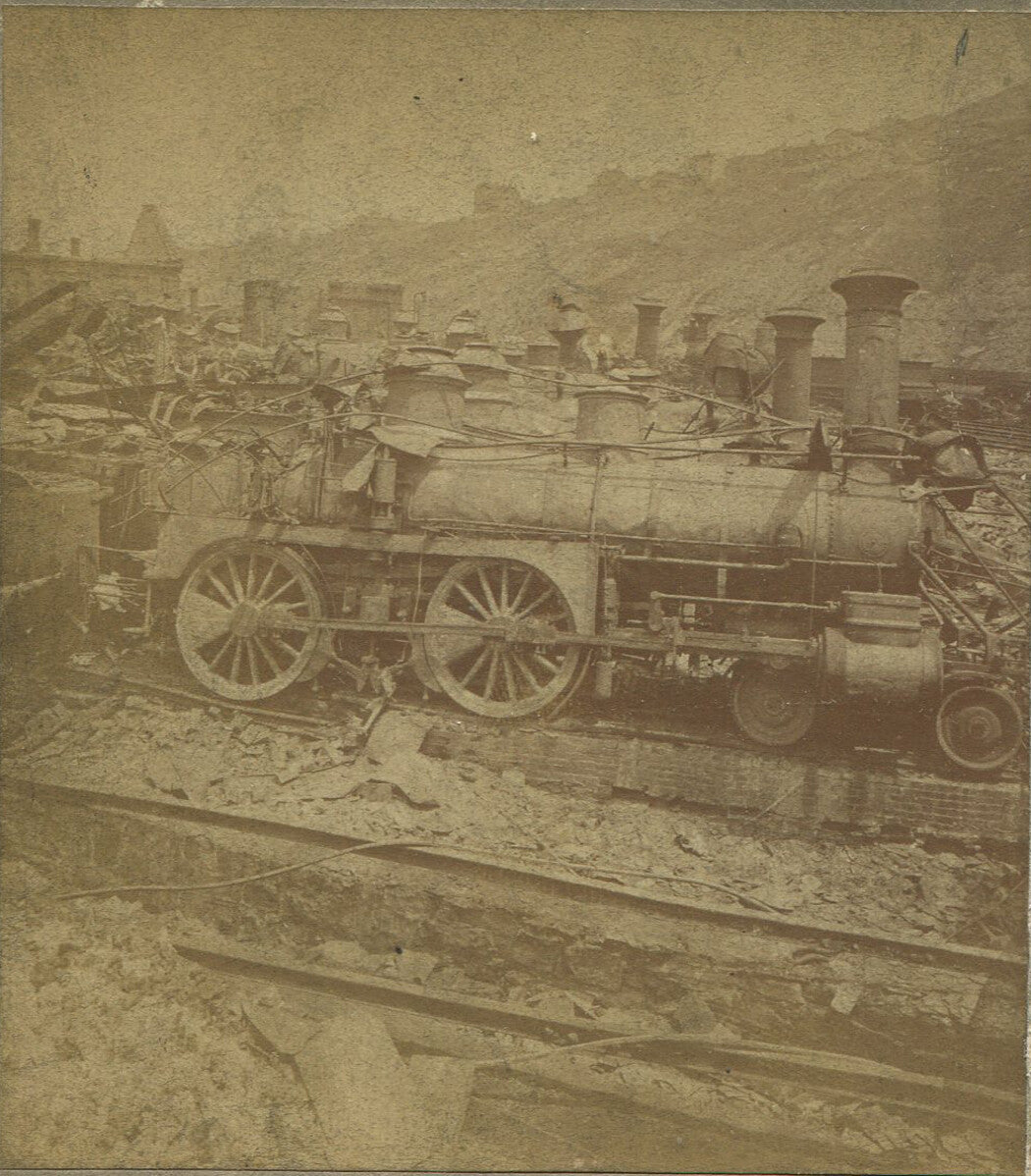 PITTSBURGH RAILROAD WAR. LOCOMOTIVE, 1877. STEREOVIEW.