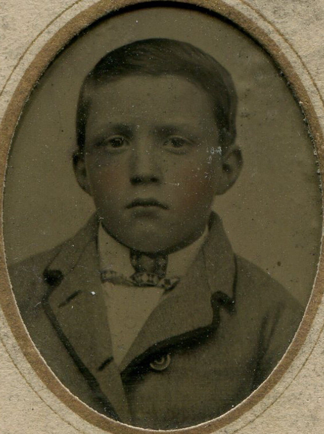 Tinted Tintype Photo with Paper Mat Square Faced Boy 4x2.5 in Vintage Portrait