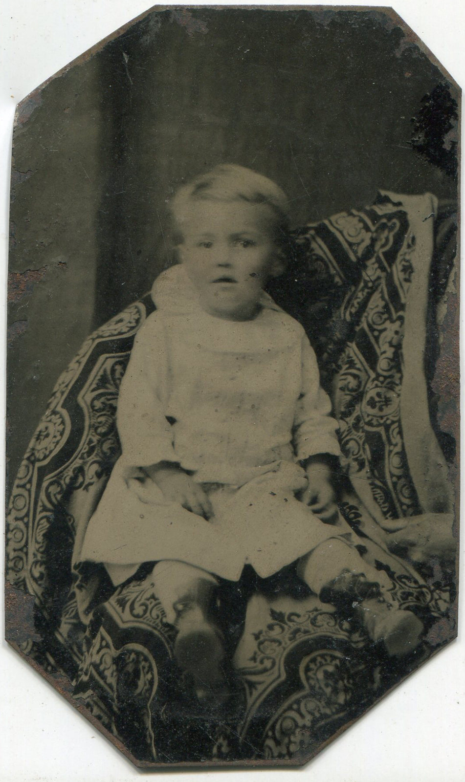 Original Tintype Toddler Boy Seated Pose with Wary Expression Photo Vintage