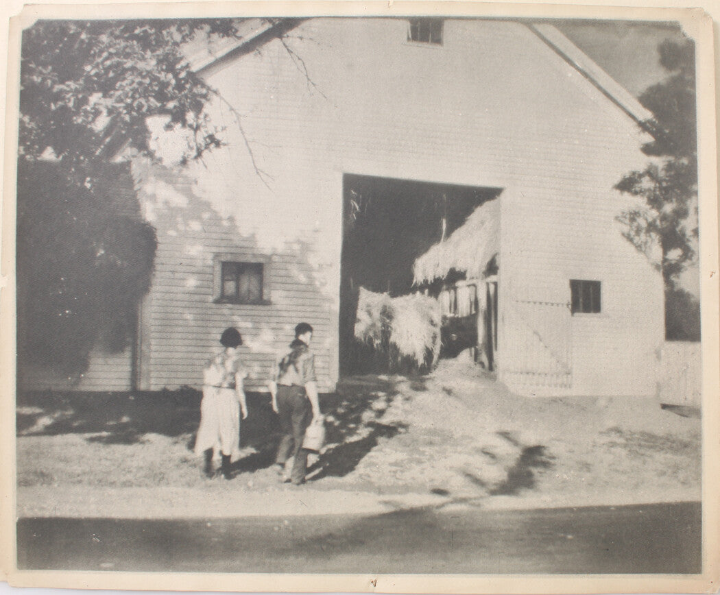 YOUNG COUPLE ENTERING BARN FOR A ROLL IN THE HAY. 14 X 17 SILVER PRINT.