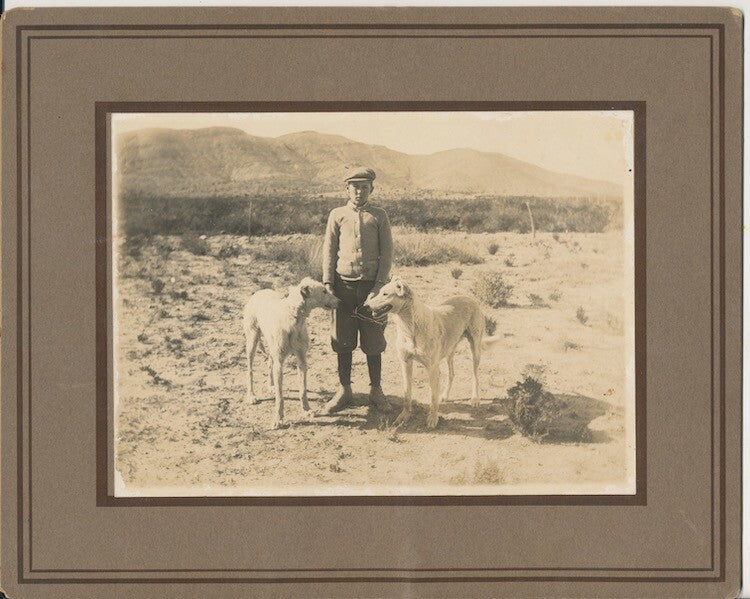 1915 PHOTO OF BOY IN DESERT W/ BEAUTIFUL DOGS - SIERRA BLANCA, TEXAS