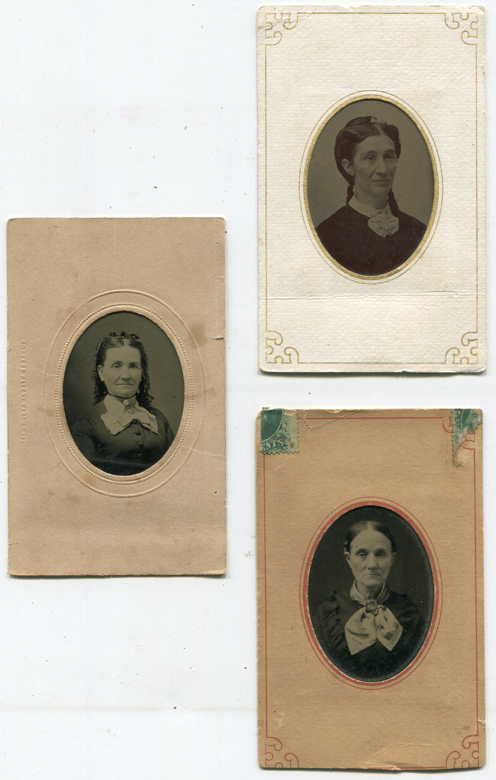 WOMEN WEARING BOW TIE COLLARS. 3 SET, TINTYPES IN PERIOD PAPER MATS.
