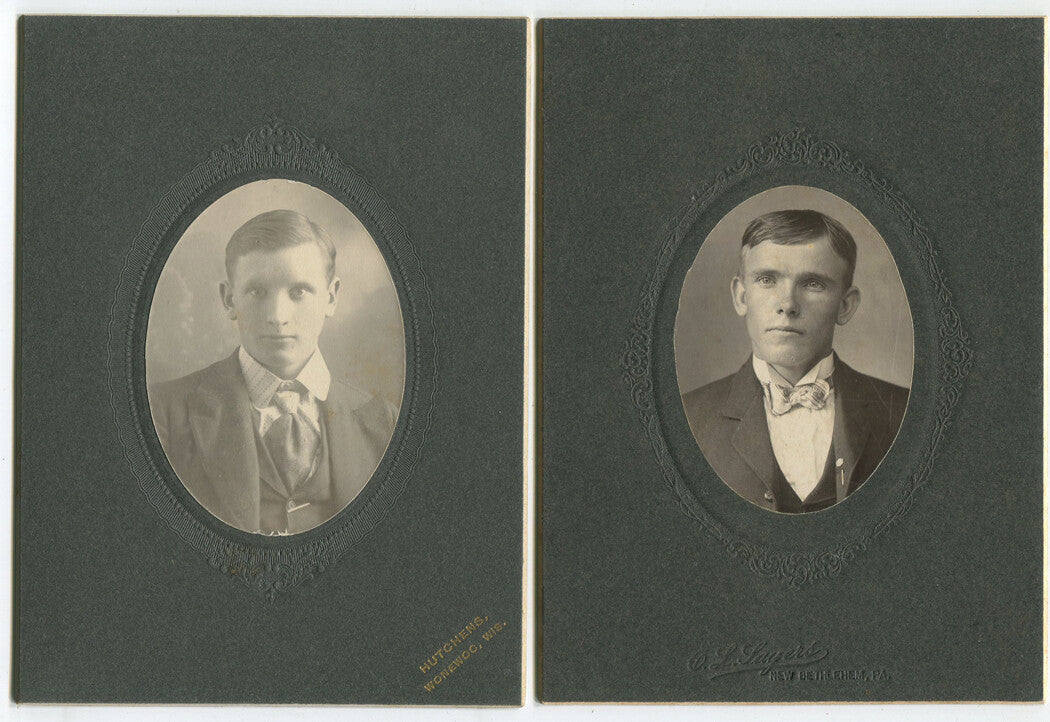 YOUNG MEN W/BIG EARS. OVAL PHOTOS ON BOARD, 2 SET. WONEWOC, WISCONSIN.