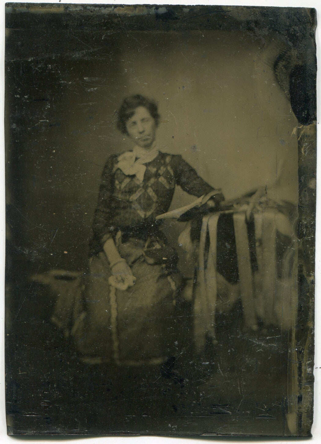 Antique Tintype Photograph Woman Seated Posed Holding Book Portrait Era