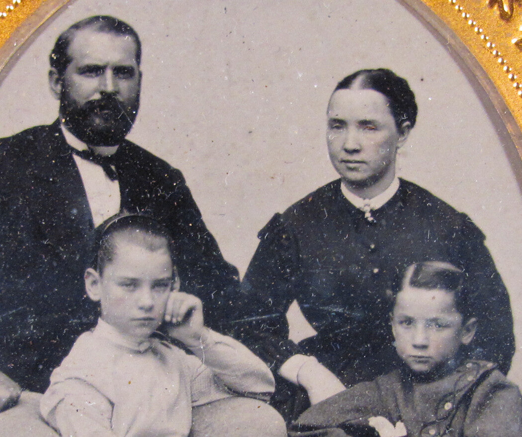 Vintage Tintype 6th Plate Family Photo - Handsome Portrait, Bored Children, Glass/Foil Wall Art Gift