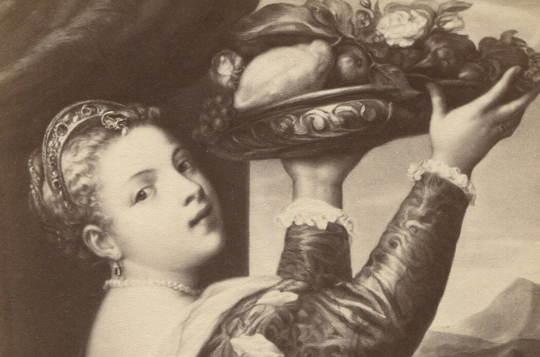 Vintage cabinet card photo: Woman holding platter - gallery wall decor, early portrait, authentic ephemera