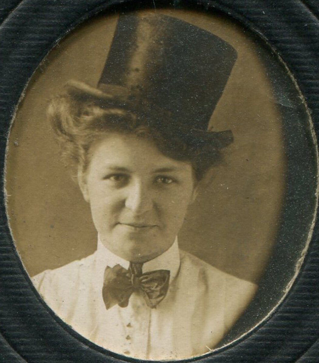 Vintage Photo Woman in Tip Hat Bow Tie Oval Silver Print Matte 1 x 1.5 in