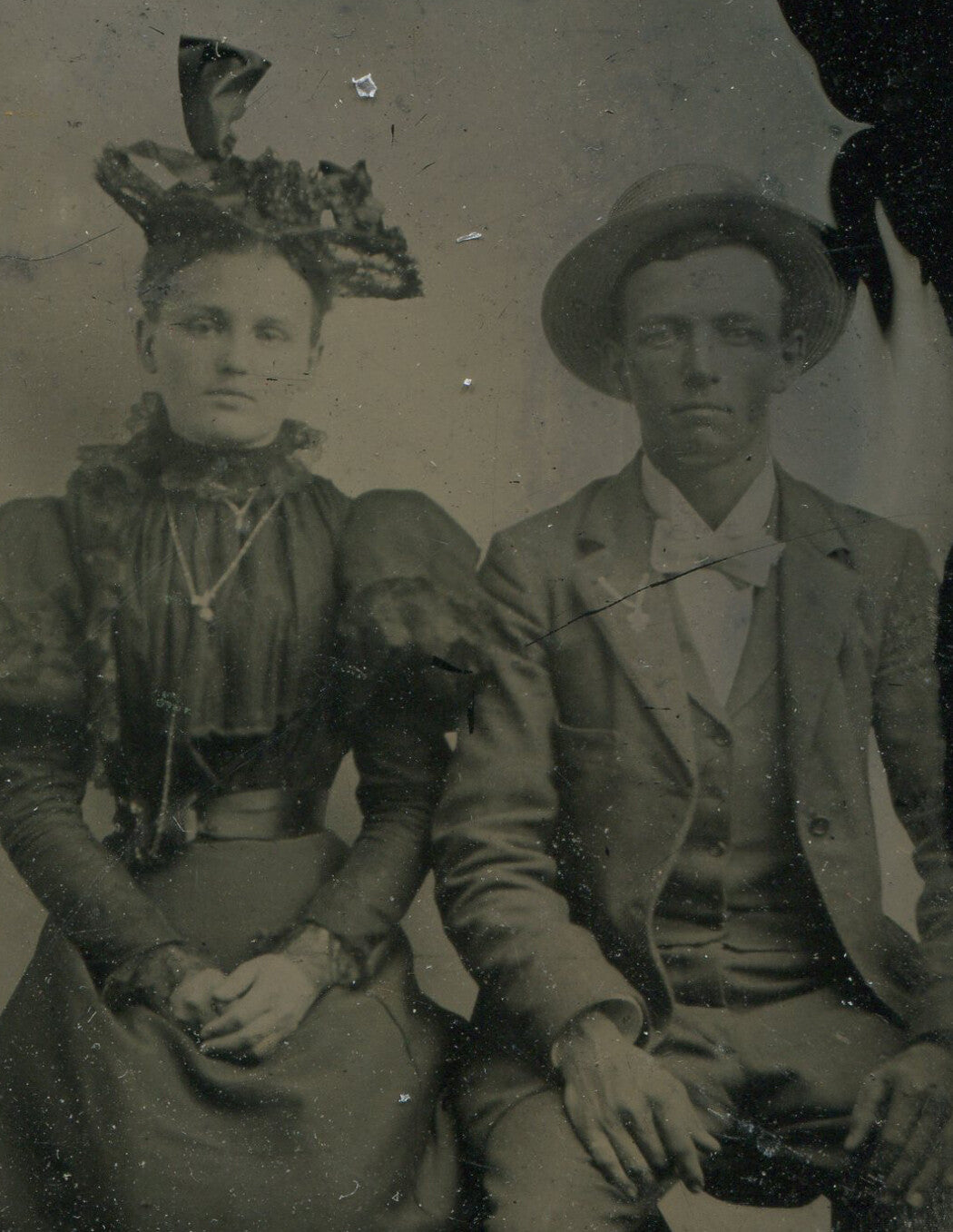 Vintage Tintype Photograph: Couple Wearing Hats, 3.5 x 2.5 in, Authentic