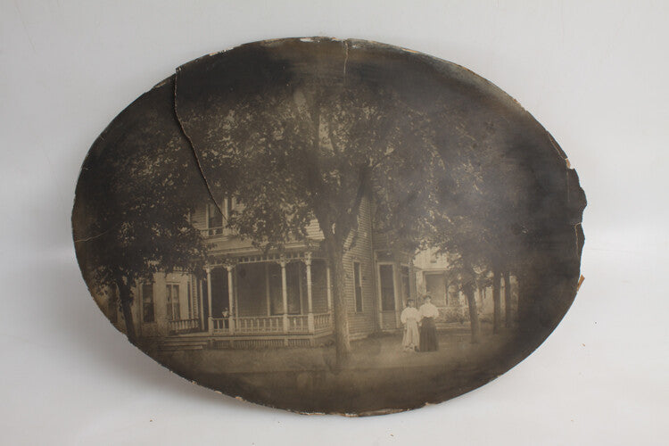 RARE 13X19 CONVEX PHOTO OF YOUNG WOMEN STANDING OUTSIDE MASSIVE VICTORIAN HOUSE