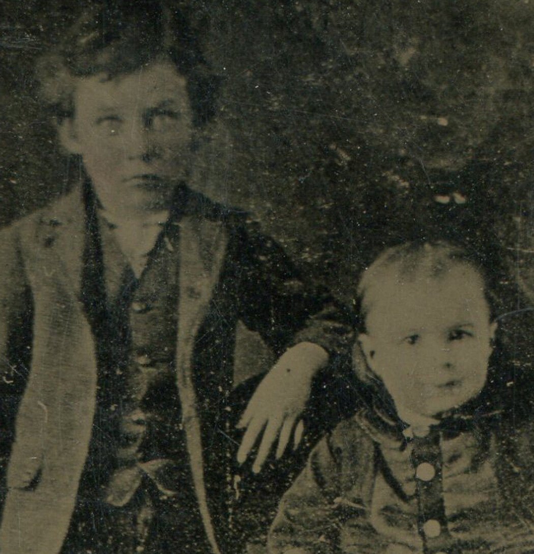 Rare Tintype Photo of Young Siblings, 3.5 x 2.5 in, Vintage Original Rare