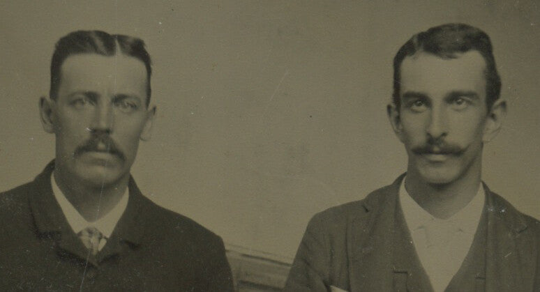 PORTRAIT 2 MEN W/ HATS + MUSTACHES, BROTHERS, 1/6 PLATE TINTYPE