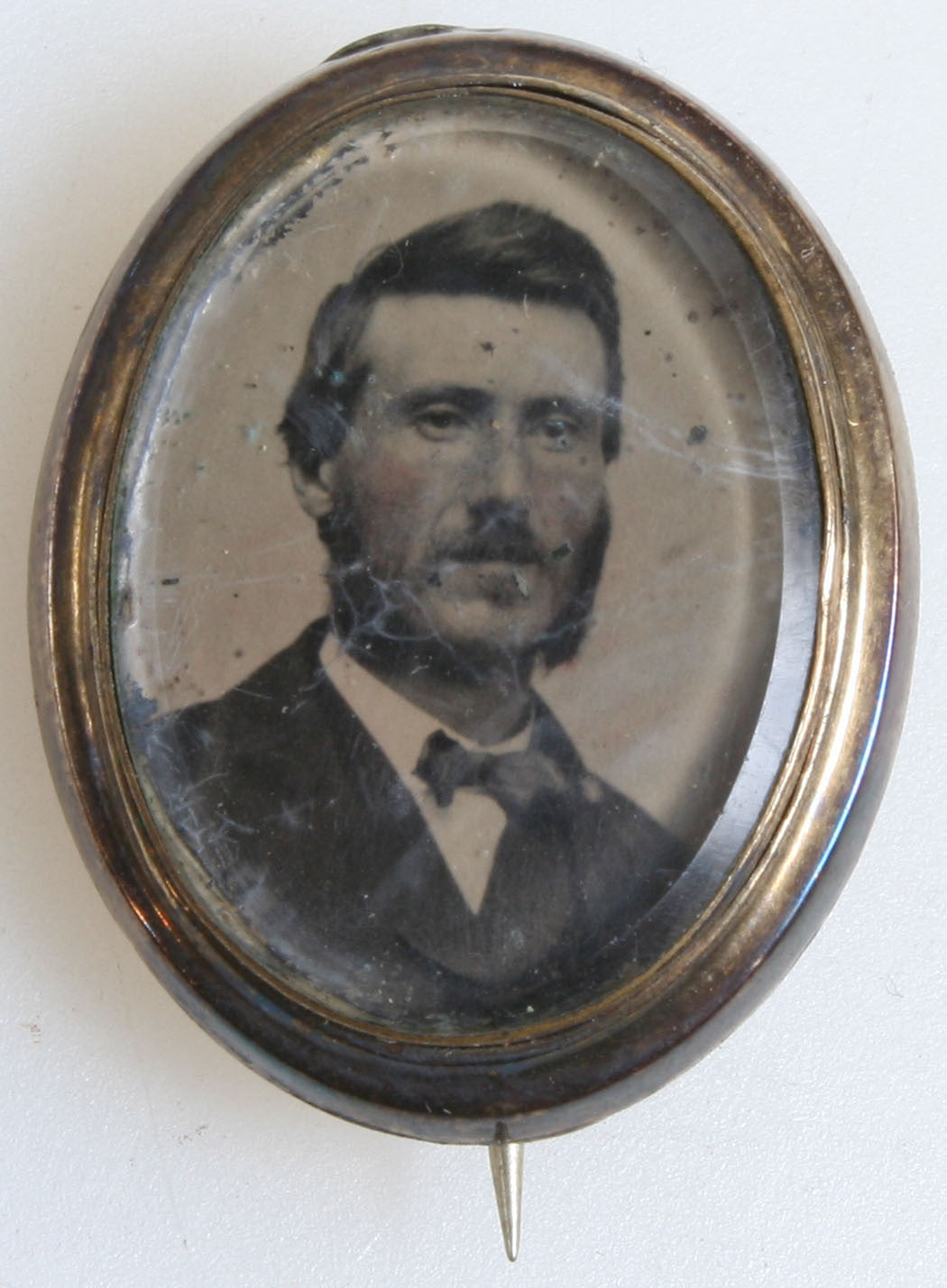 PIN GOLD JEWELRY TINTED TINTYPE: MAN WITH BEARD INITIALS "ADW" ON BACK 1860s.