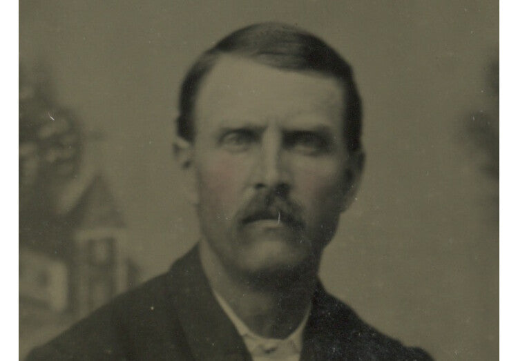 MAN W/ GREAT SUIT + MUSTACHE, TINTYPE 1/6 PLATE