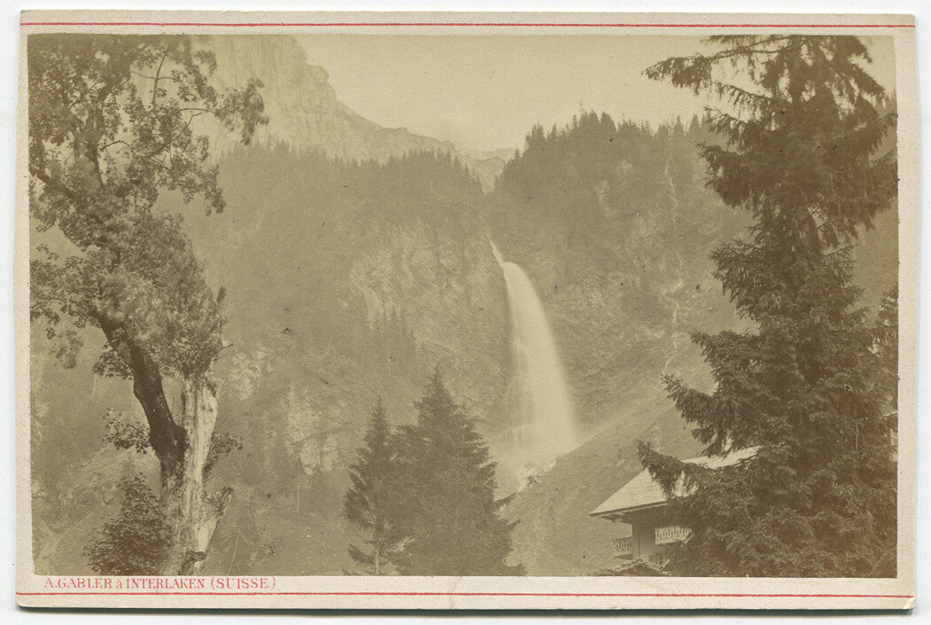Vintage Stauber Waterfall Uri Switzerland Cabinet Card Original Photograph, Historic Swiss Travel Collectible Two-View