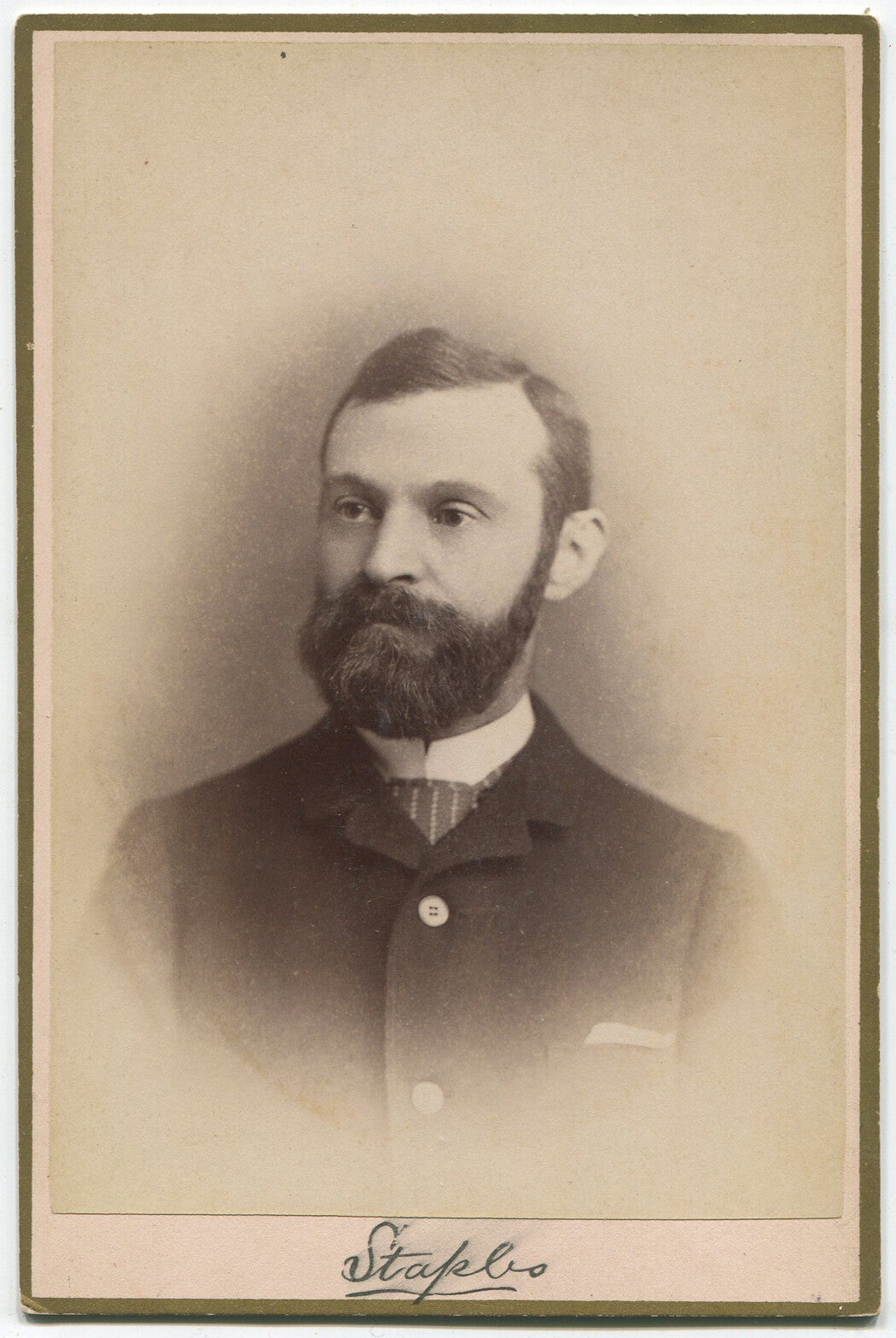 Original Vintage Cabinet Card Portrait - Man with Full Beard, Neatly Trimmed Striped Tie - Historical Photo, Collectible