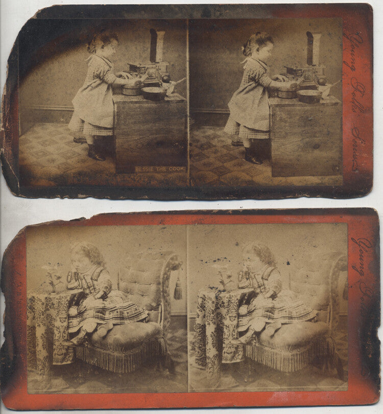 STEREOVIEWS OF LITTLE GIRL COOKING WATCHING FLOWER - SET OF 2