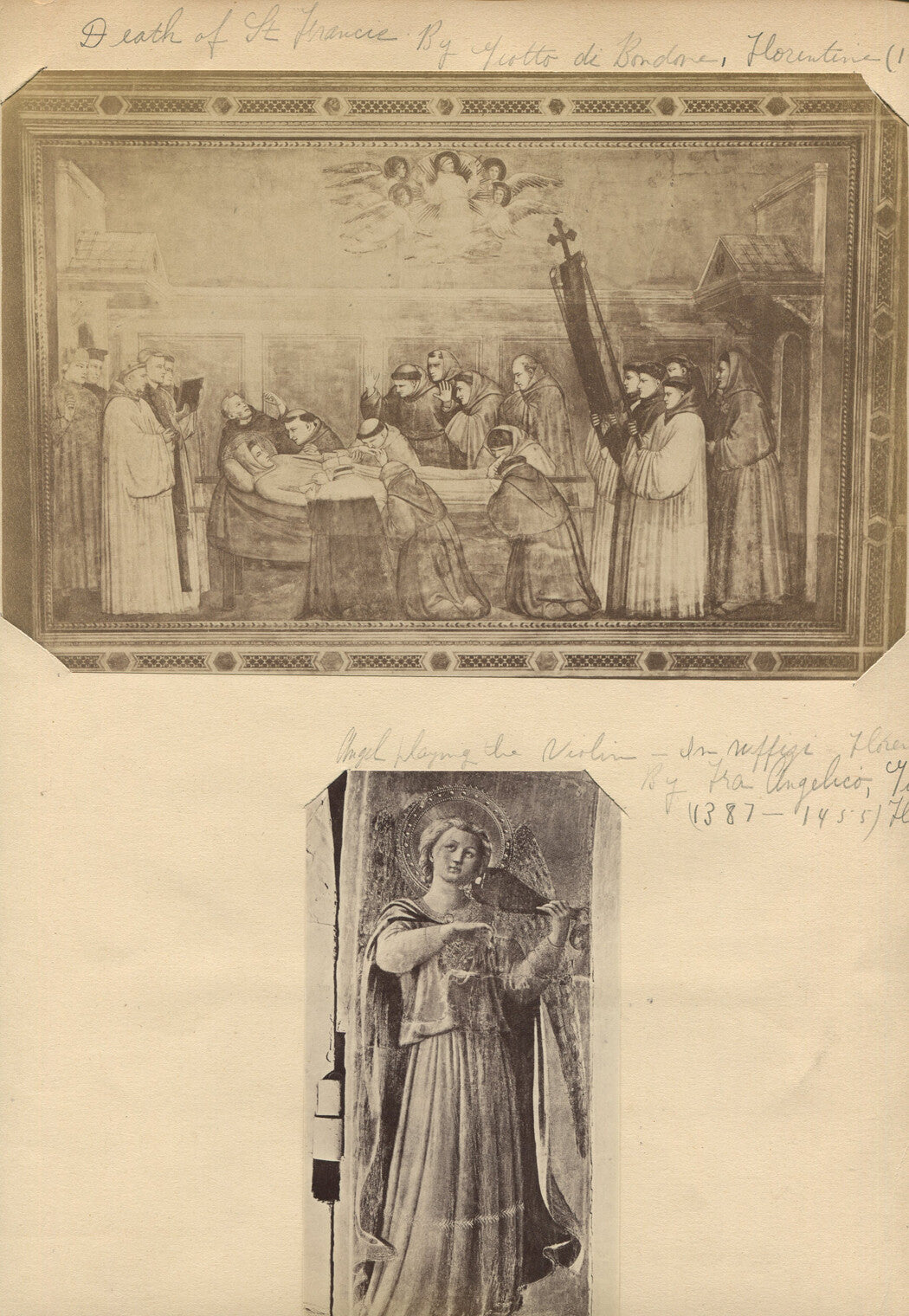 Vintage albumen photographs Death of St Francis & Angel Playing Violin on mounting sheet, moody religious study wall art