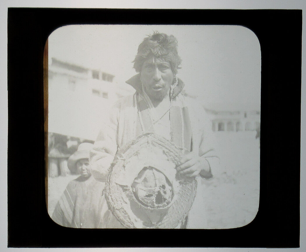 Vintage Indigenous Man Holding Hat Peru Photo on Glass Lantern Slide - Original 3.25 x 4 in