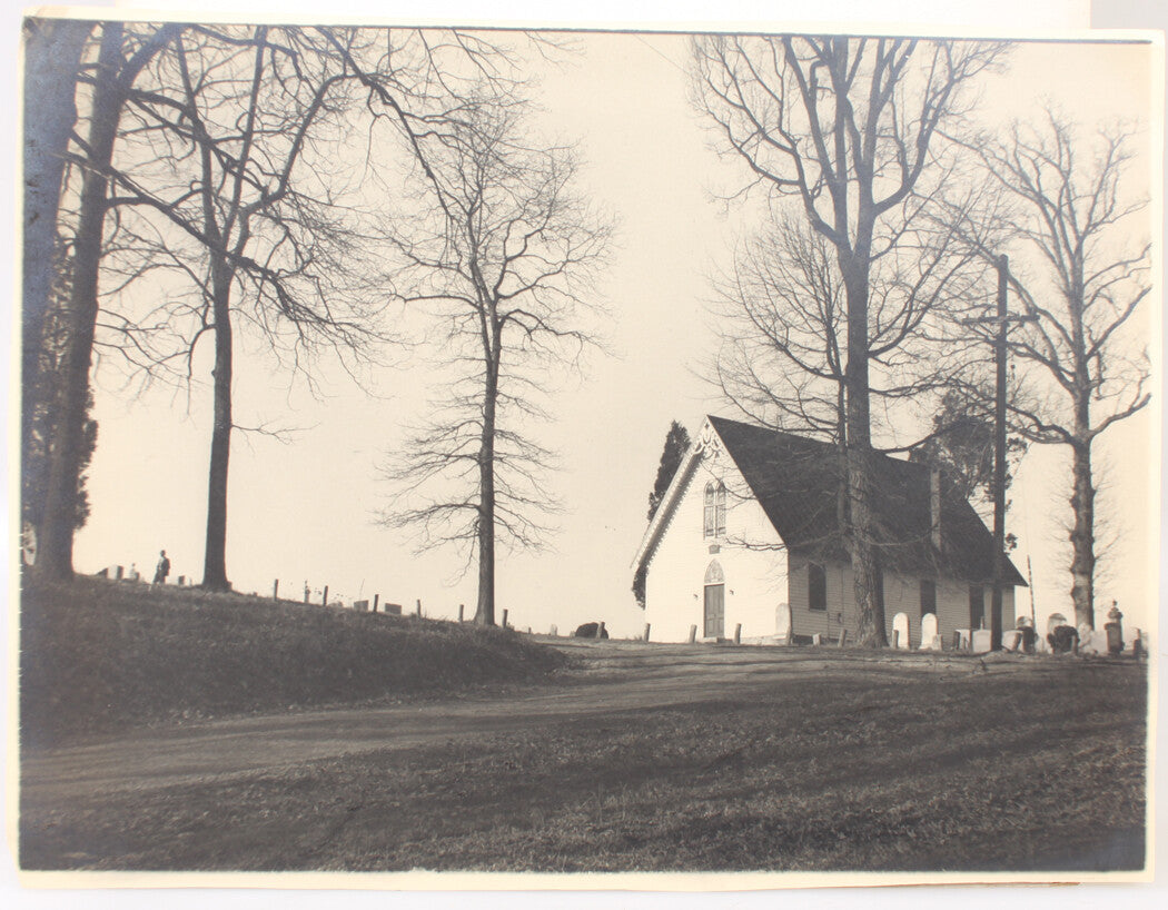 ARCHITECTURAL VIEW, COUNTRY CHURCH WITH GRAVEYARD. 14 X 18.5 INCH SILVER PRINT.