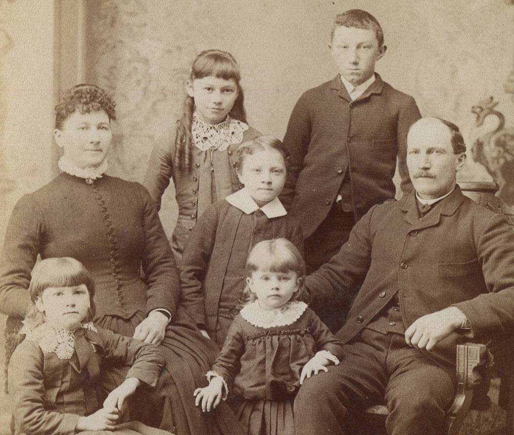 Rare Vintage family cabinet card portrait: Parents with five children, painted background photo