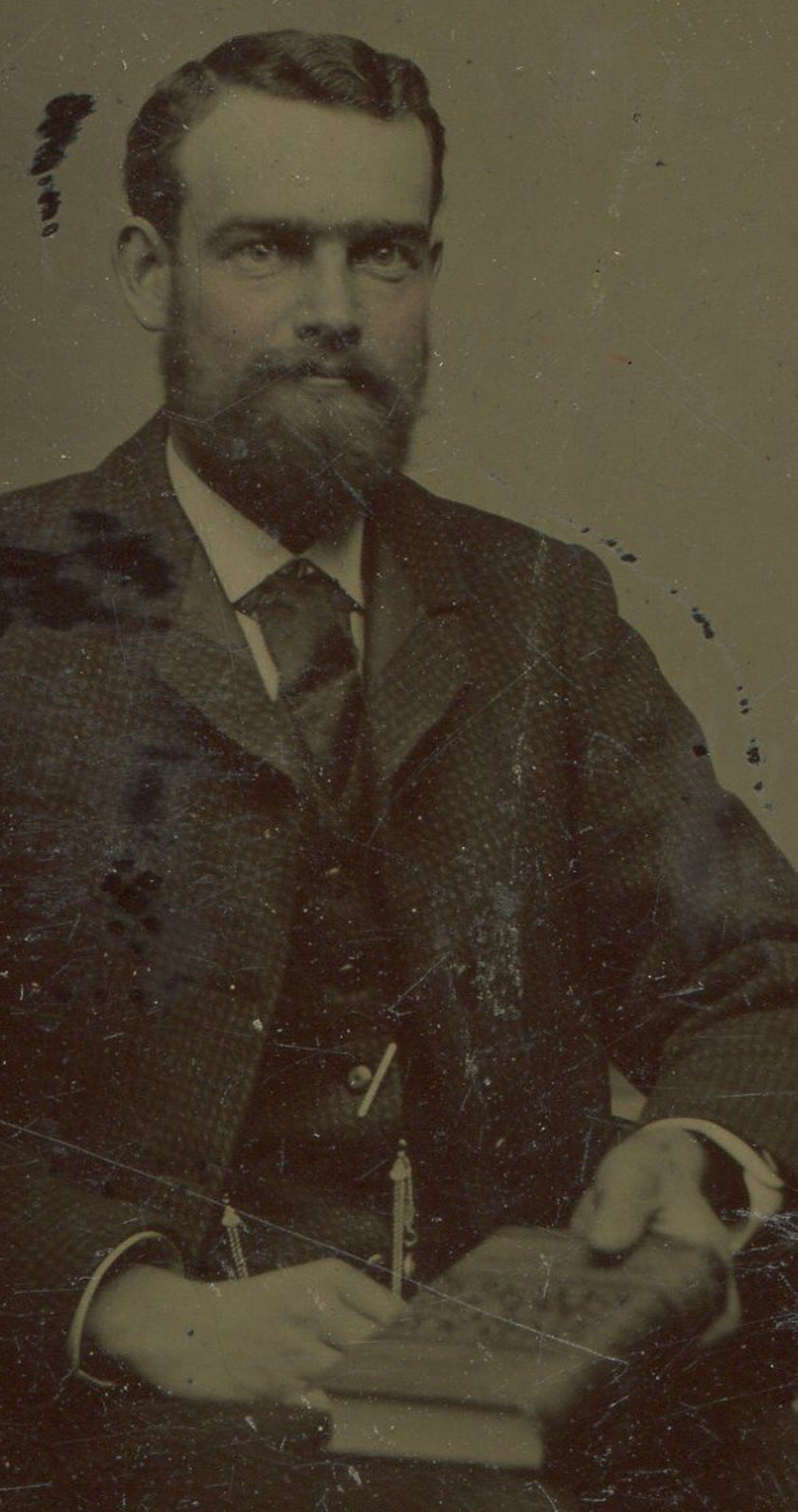 Bearded Man Seated Holding Book Tintype Photo, Vintage 3.5x2.5 in