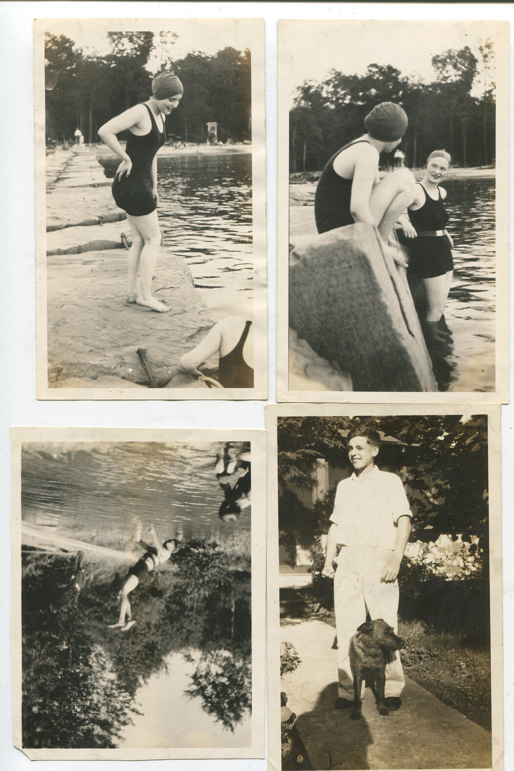 Vintage 1940s Four-Photo Set: Woman Swimming, Boy & Dog - Black & White Prints (5.75x3.5in) Wall Decor
