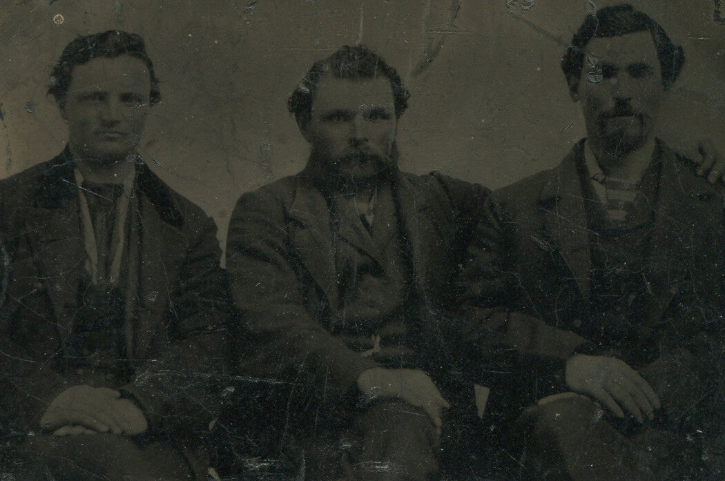 Three Men Uncomfortably Posed Tintype Photo - Vintage 3.5x2.5in